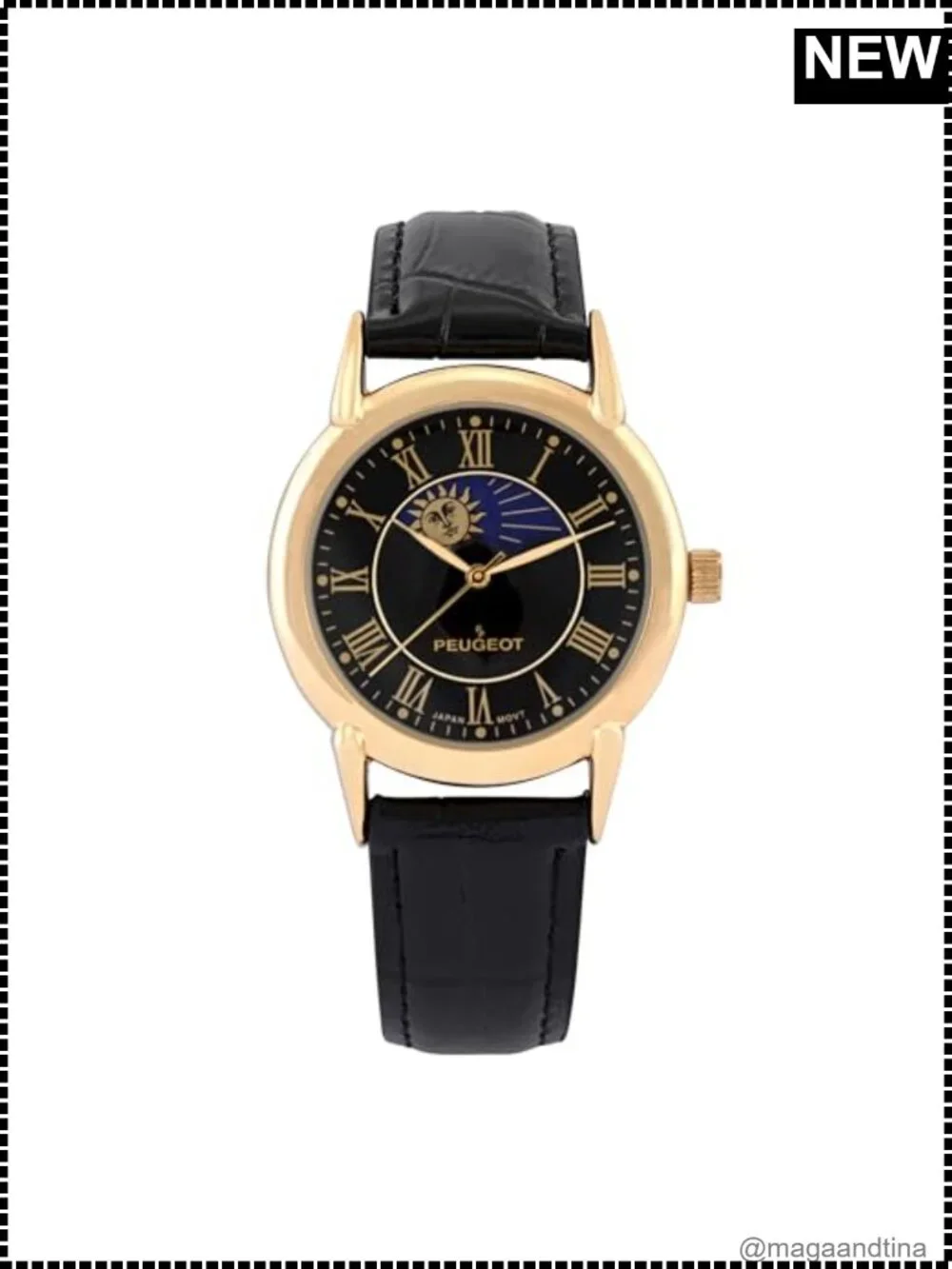 14K Gold Plated Vintage Moon Phase Leather Dress Watch Japanese Quartz